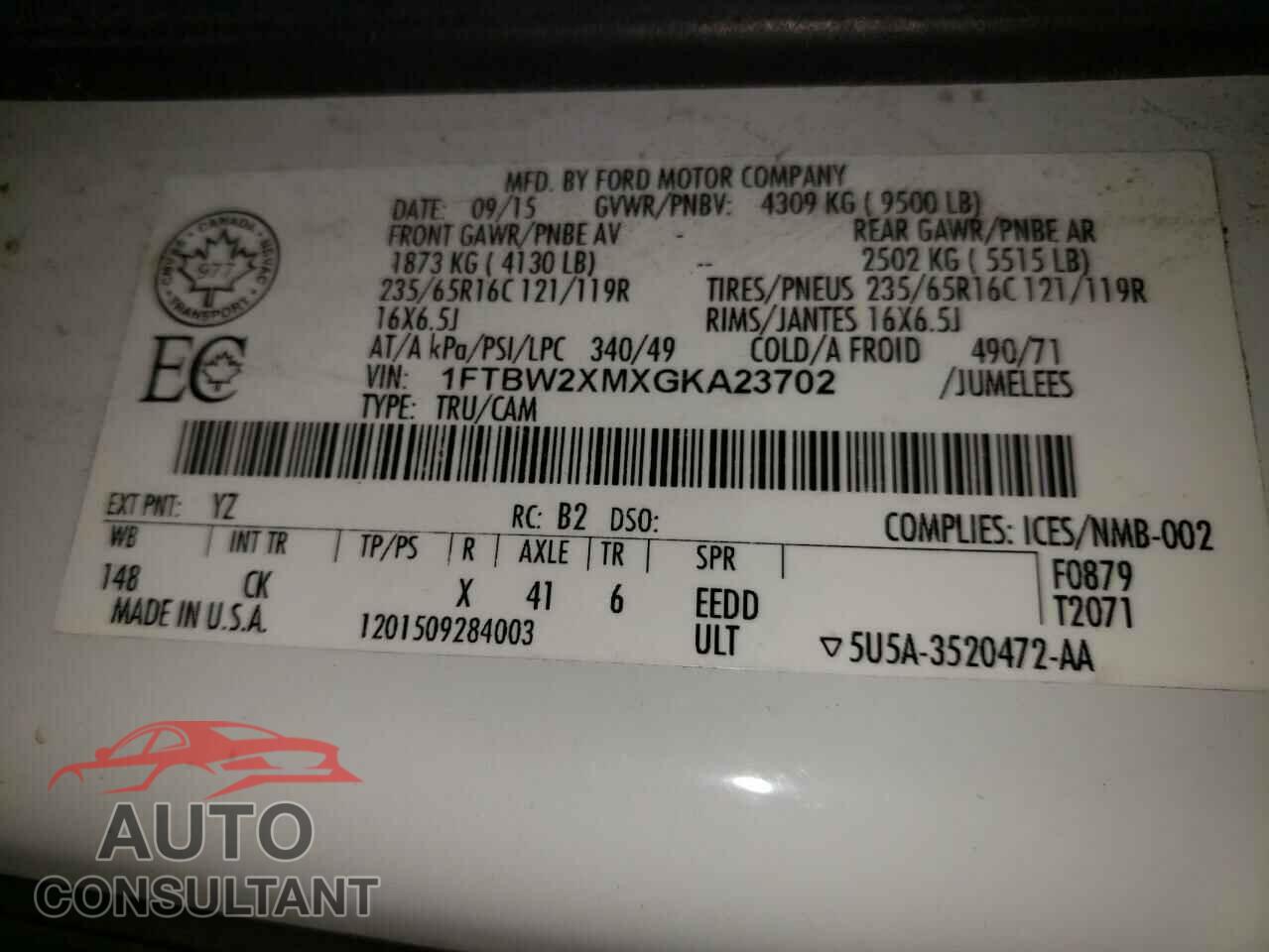 FORD TRANSIT CO 2016 - 1FTBW2XMXGKA23702