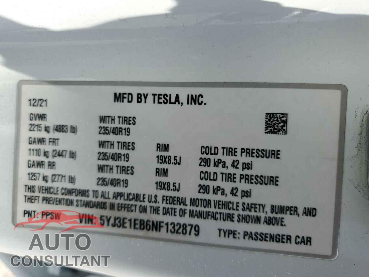 TESLA MODEL 3 2022 - 5YJ3E1EB6NF132879