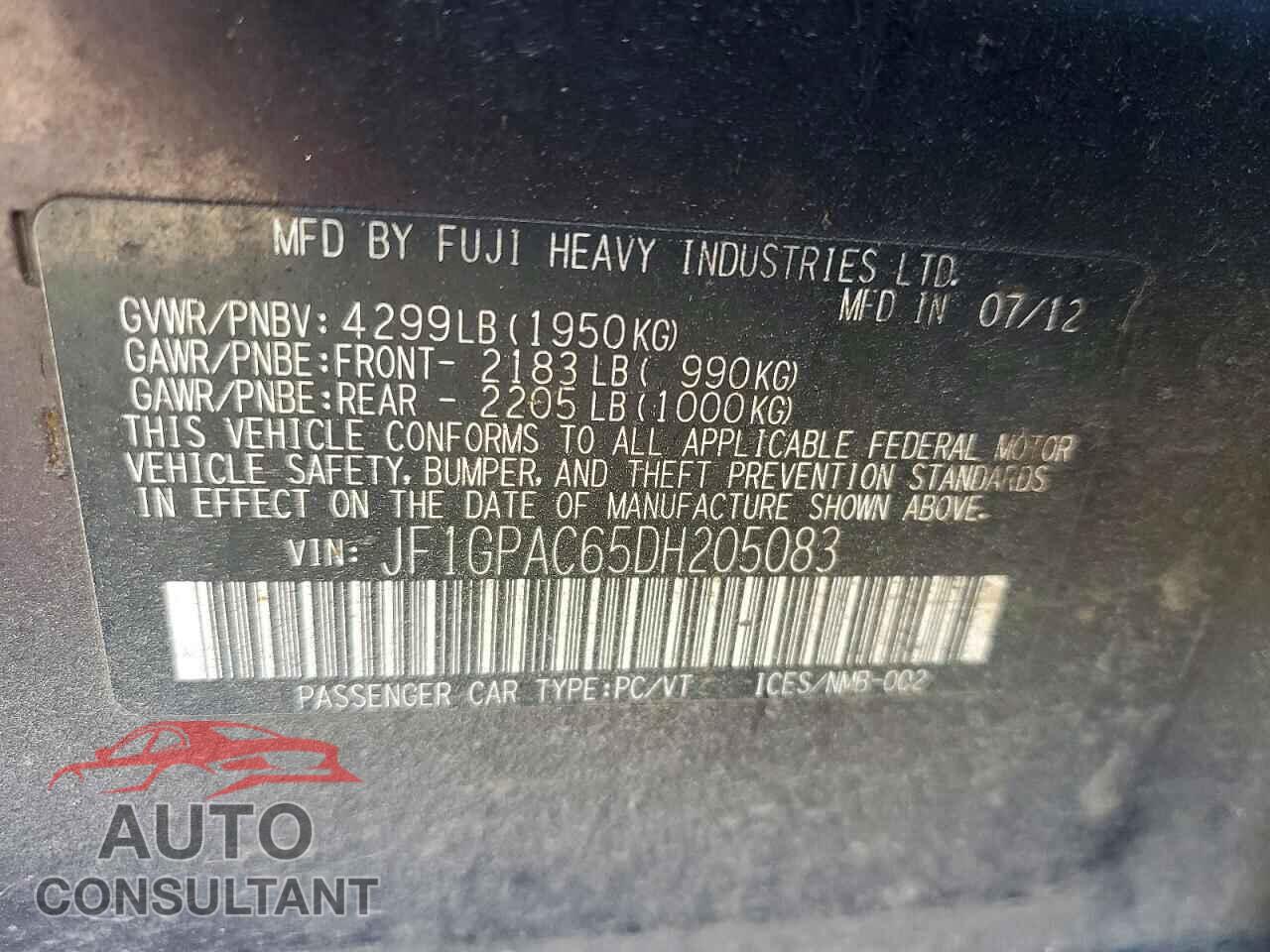 SUBARU IMPREZA 2013 - JF1GPAC65DH205083