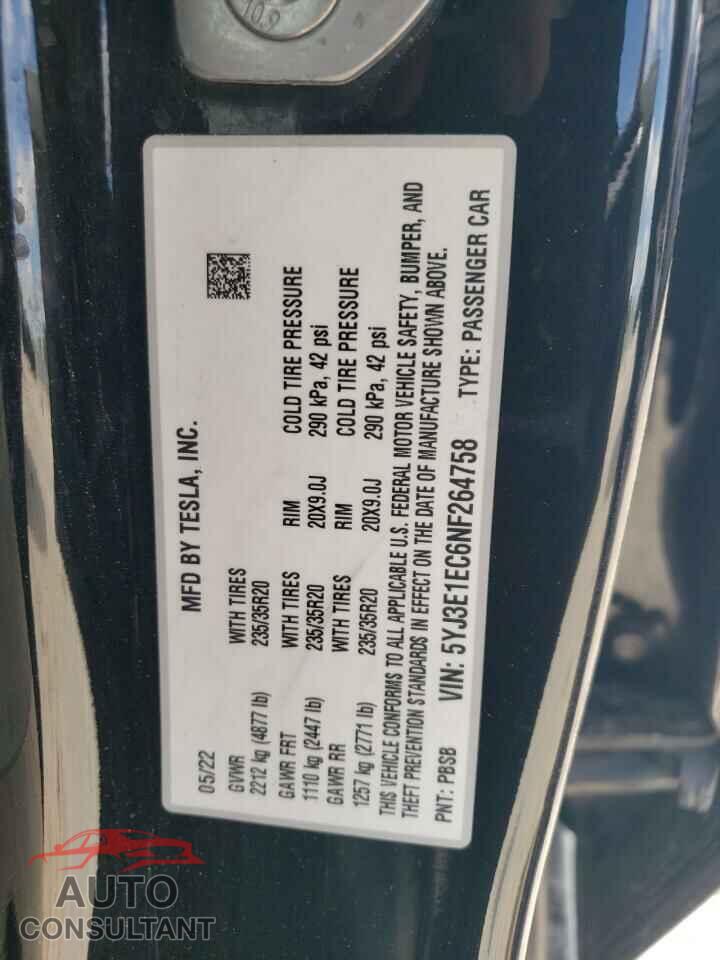 TESLA MODEL 3 2022 - 5YJ3E1EC6NF264758