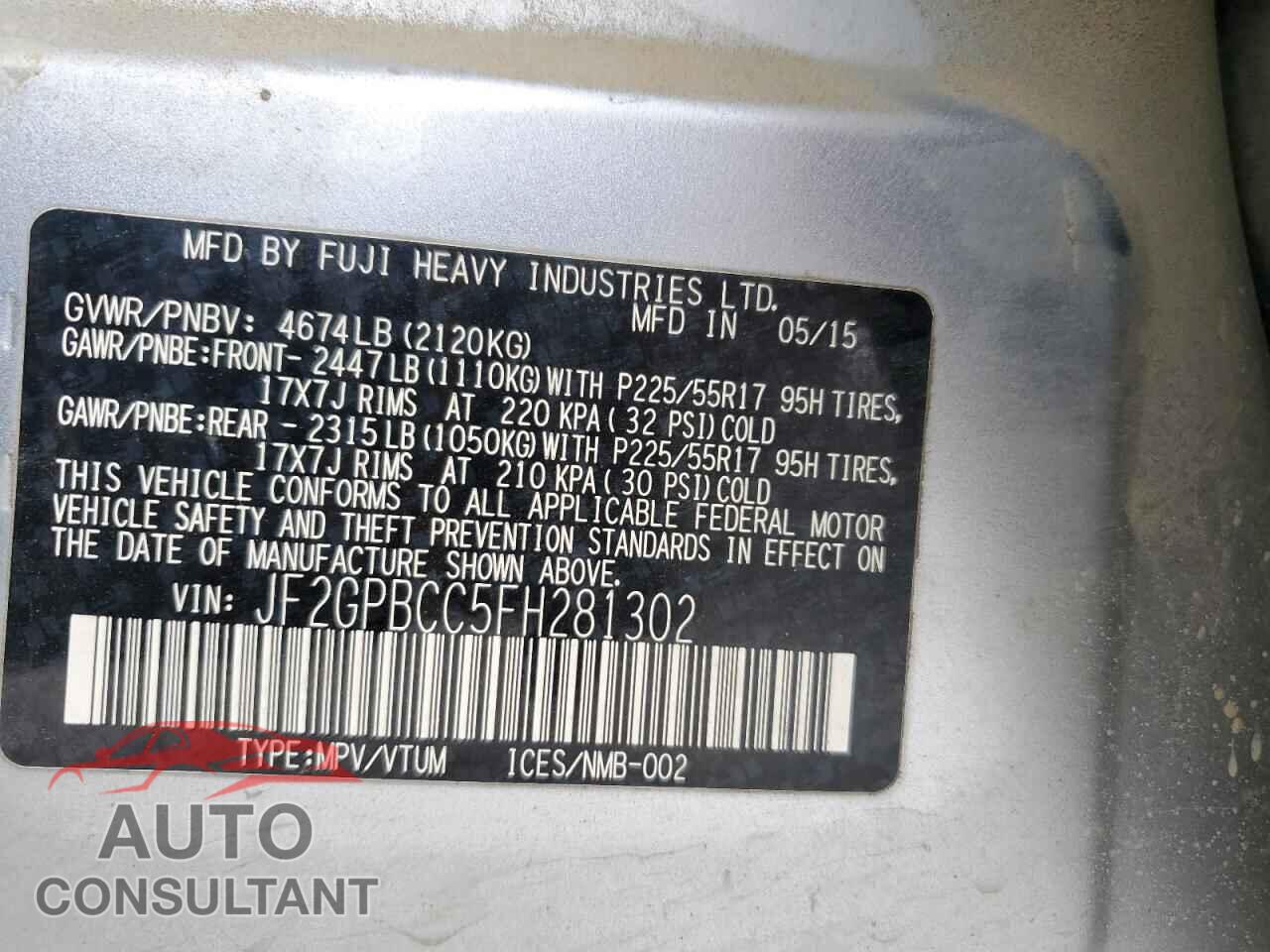 SUBARU XV 2015 - JF2GPBCC5FH281302