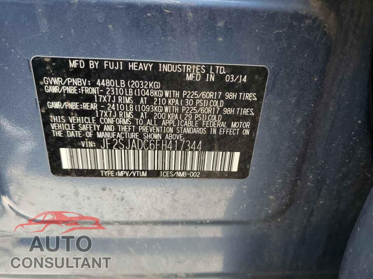SUBARU FORESTER 2015 - JF2SJADC6FH417344