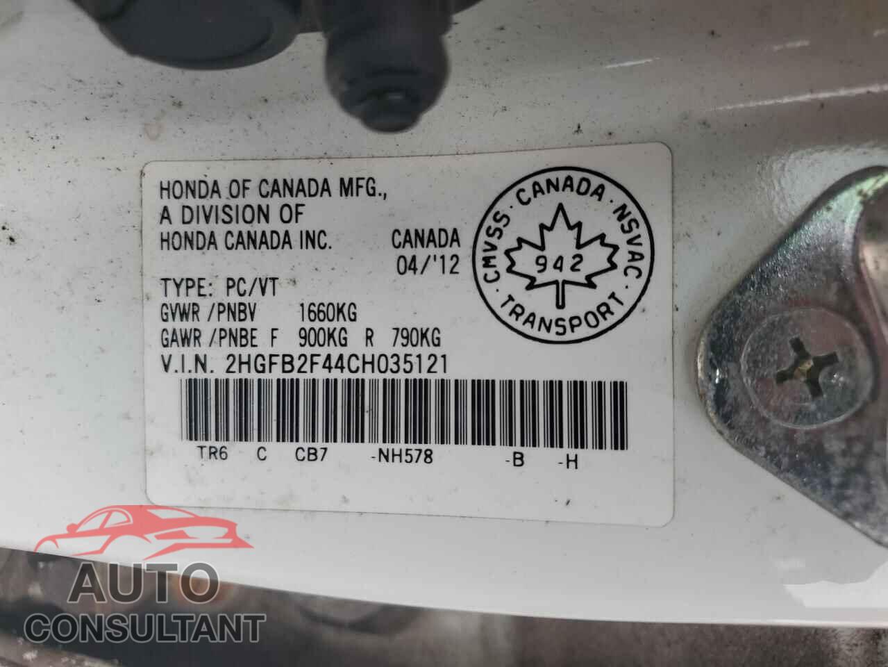 HONDA CIVIC 2012 - 2HGFB2F44CH035121