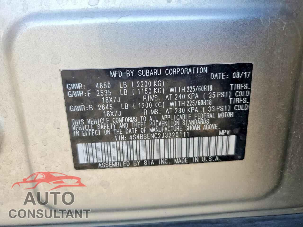 SUBARU OUTBACK 2018 - 4S4BSENC2J3220111