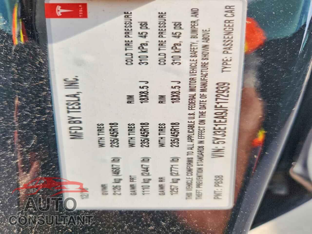 TESLA MODEL 3 2018 - 5YJ3E1EA9JF172939