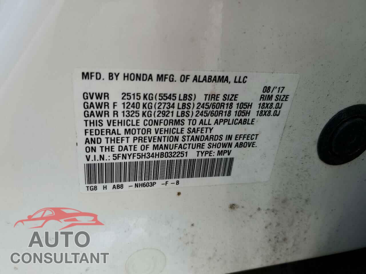 HONDA PILOT 2017 - 5FNYF5H34HB032251