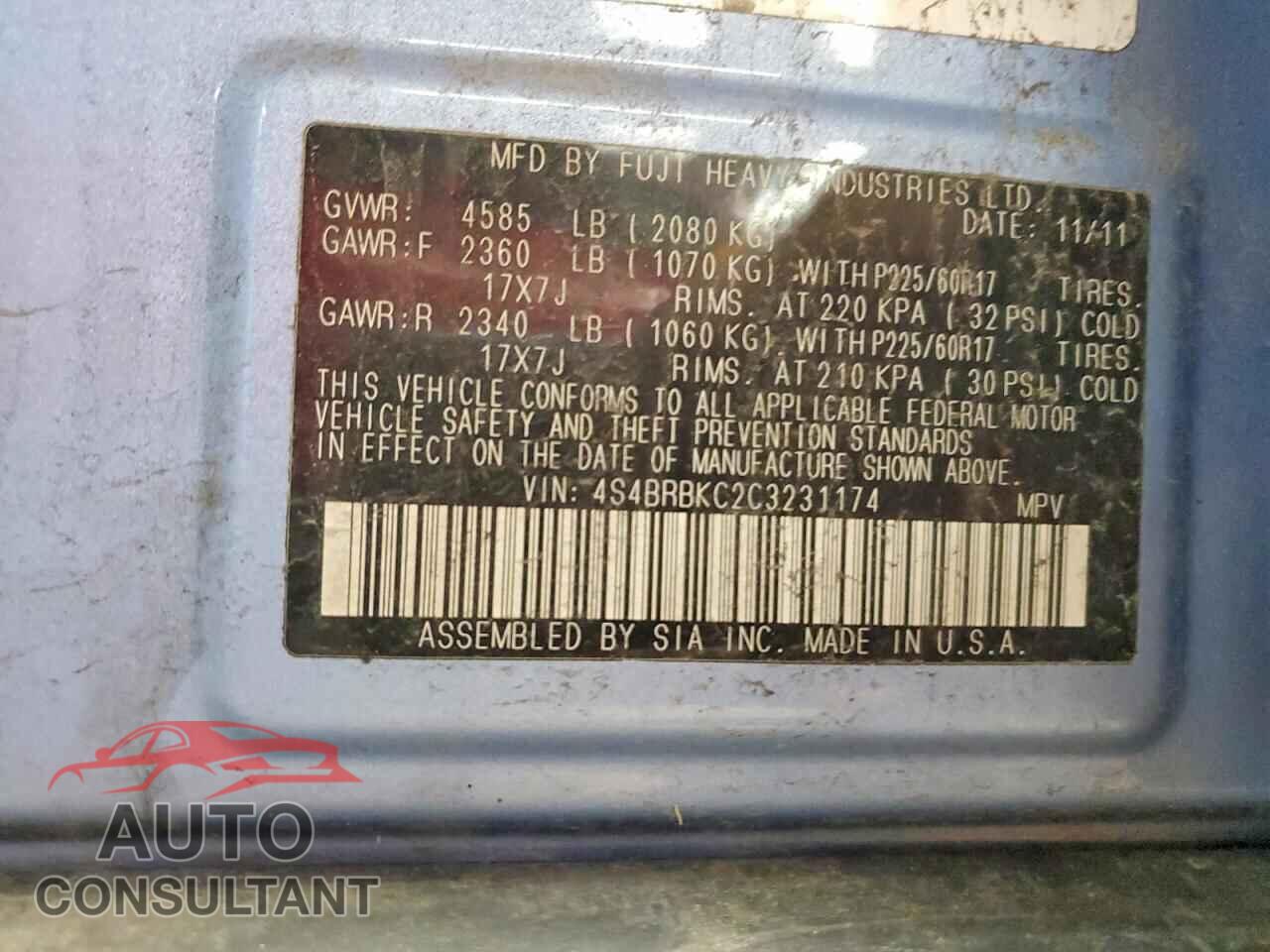 SUBARU OUTBACK 2012 - 4S4BRBKC2C3231174