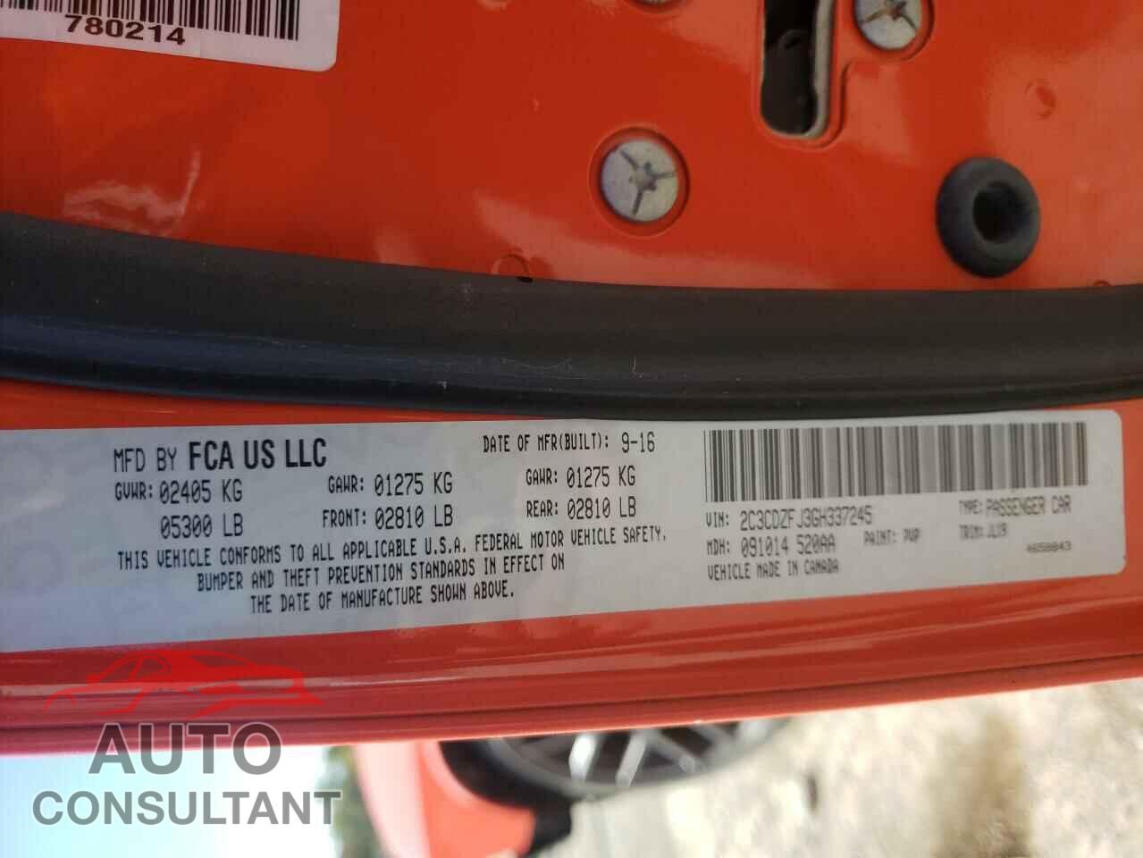 DODGE CHALLENGER 2016 - 2C3CDZFJ3GH337245