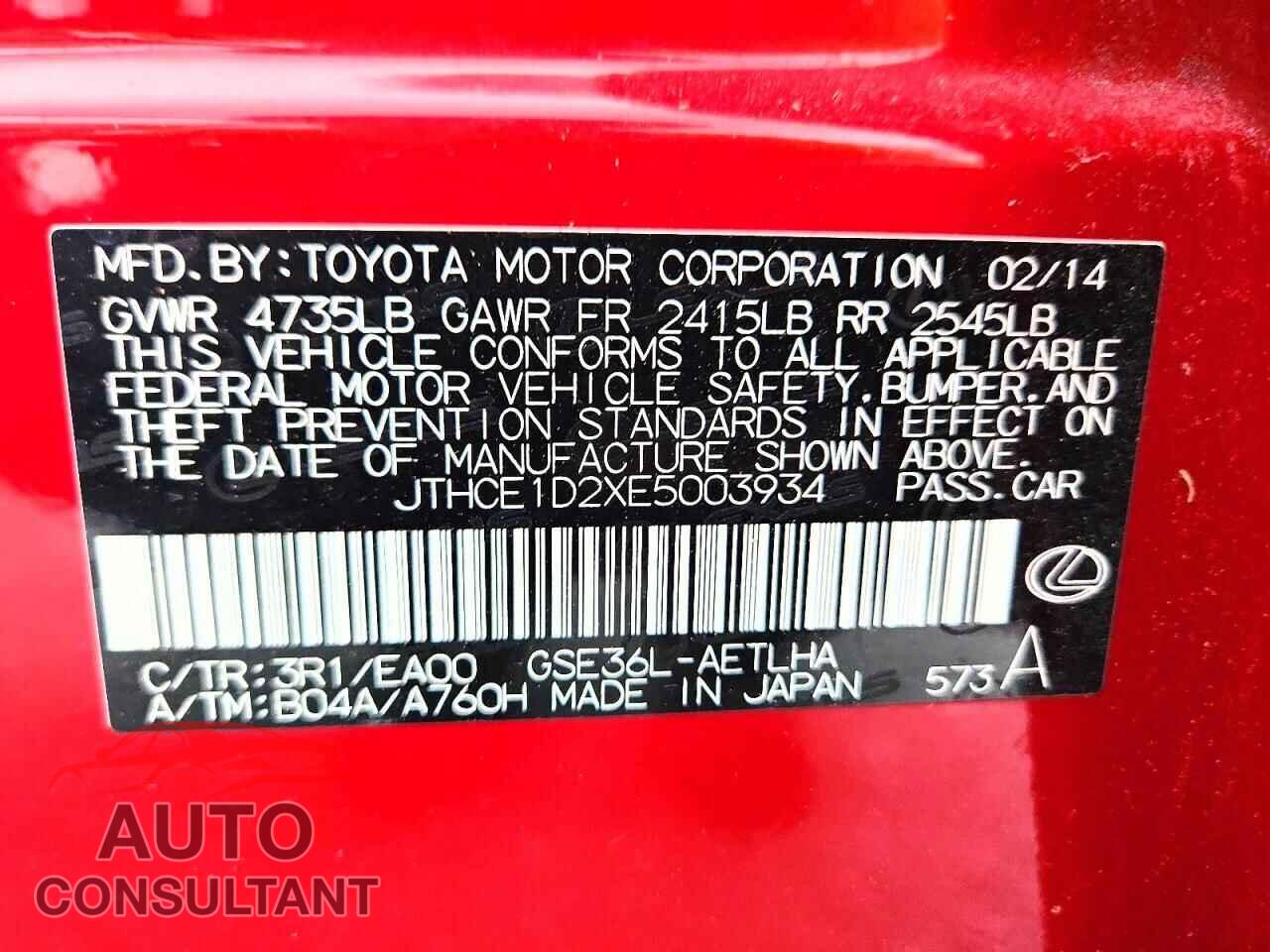 LEXUS IS 2014 - JTHCE1D2XE5003934