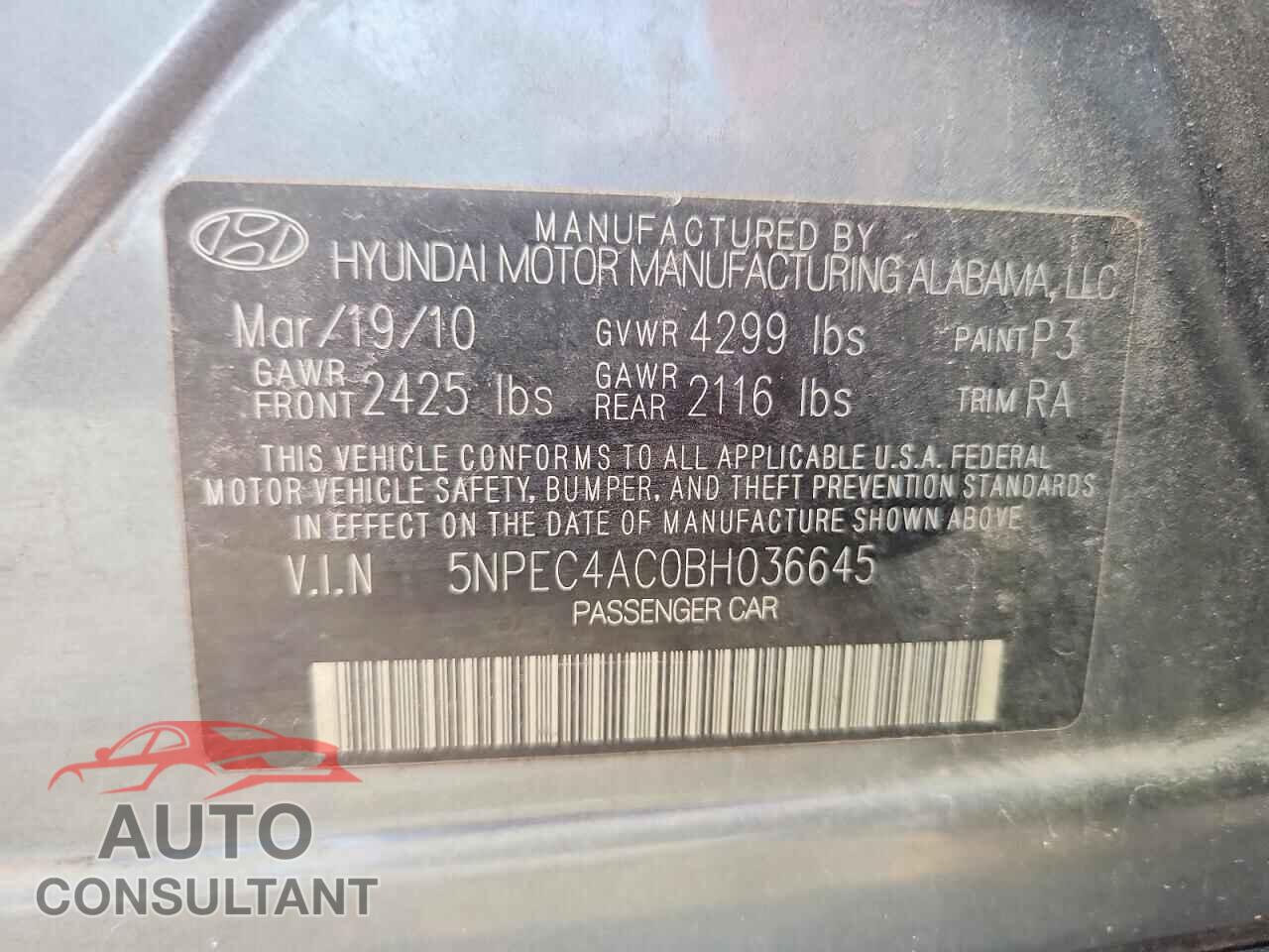 HYUNDAI SONATA 2011 - 5NPEC4AC0BH036645