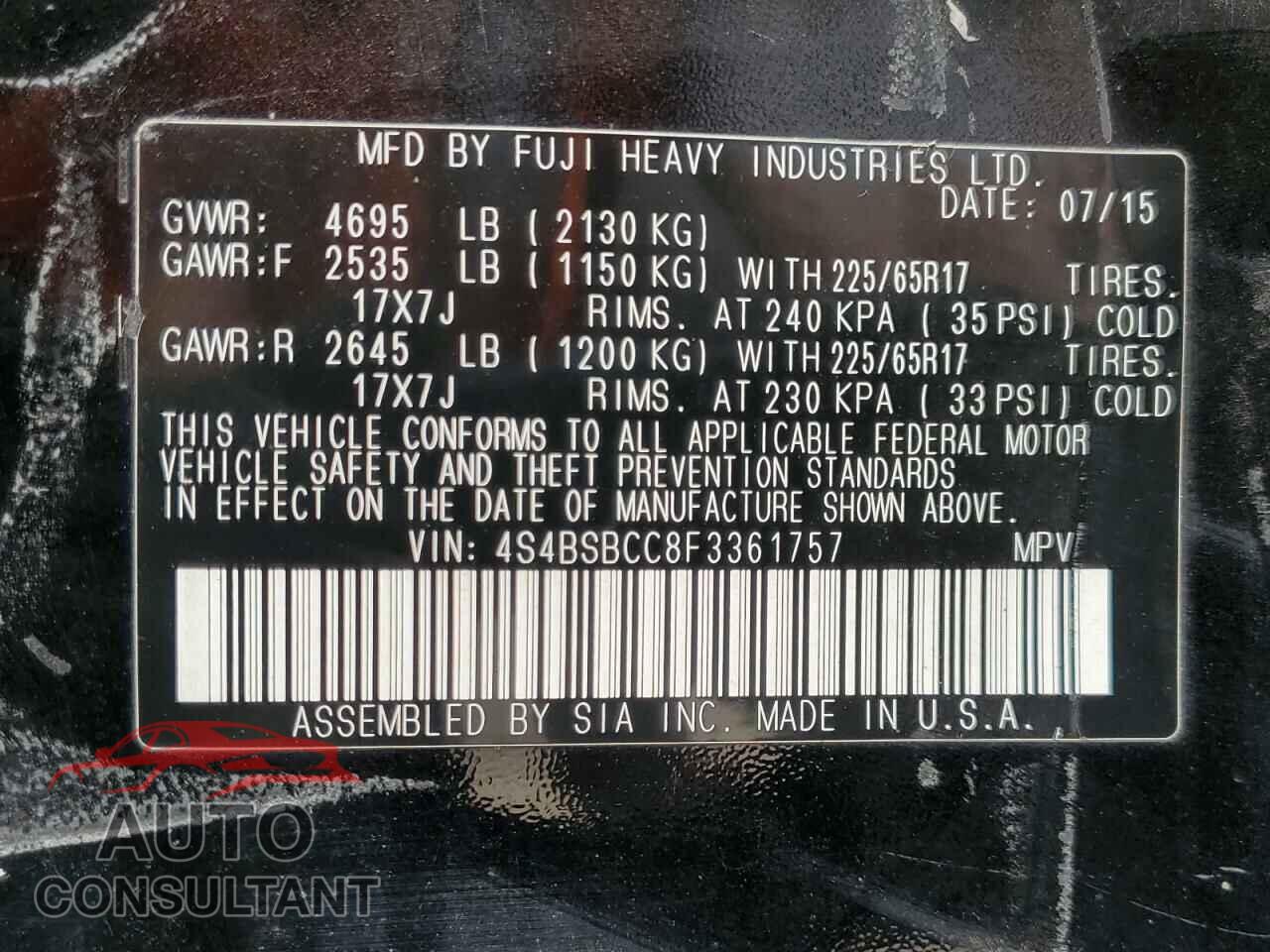 SUBARU OUTBACK 2015 - 4S4BSBCC8F3361757