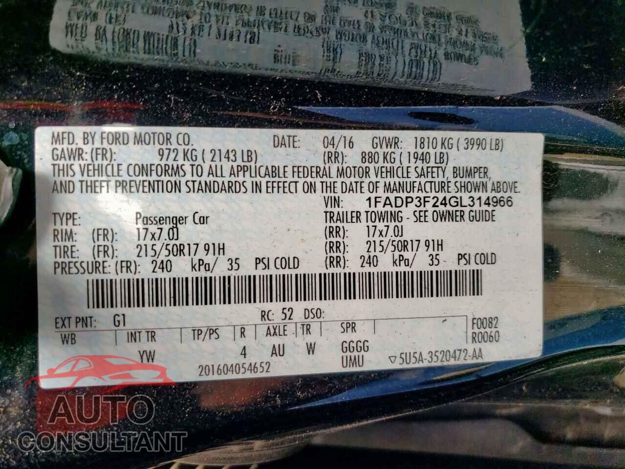 FORD FOCUS 2016 - 1FADP3F24GL314966