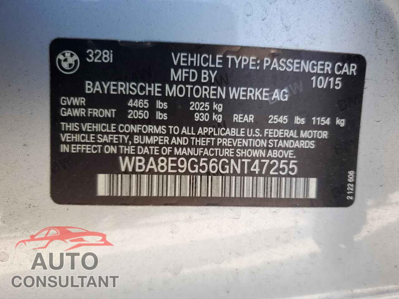 BMW 3 SERIES 2016 - WBA8E9G56GNT47255