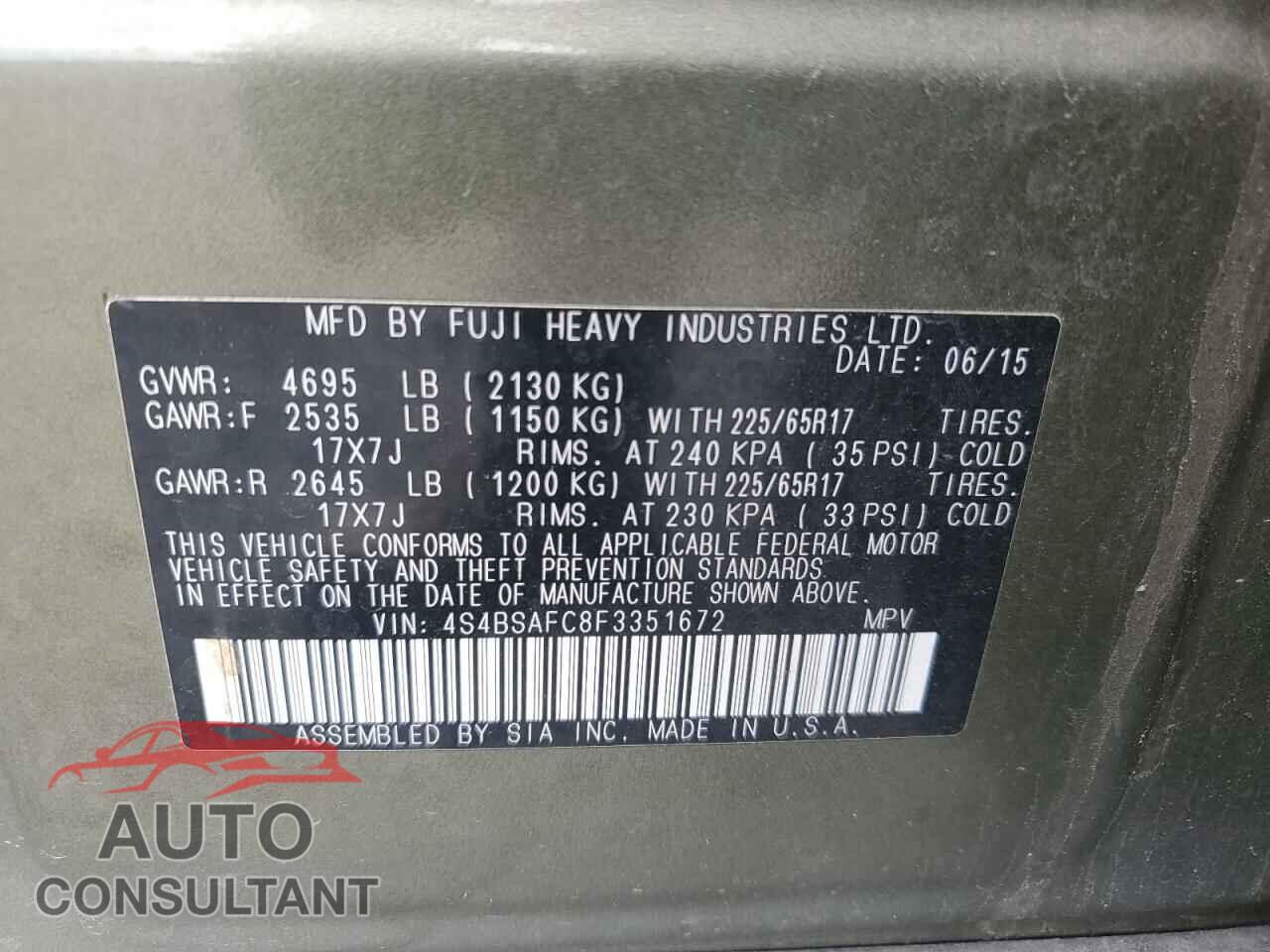 SUBARU OUTBACK 2015 - 4S4BSAFC8F3351672