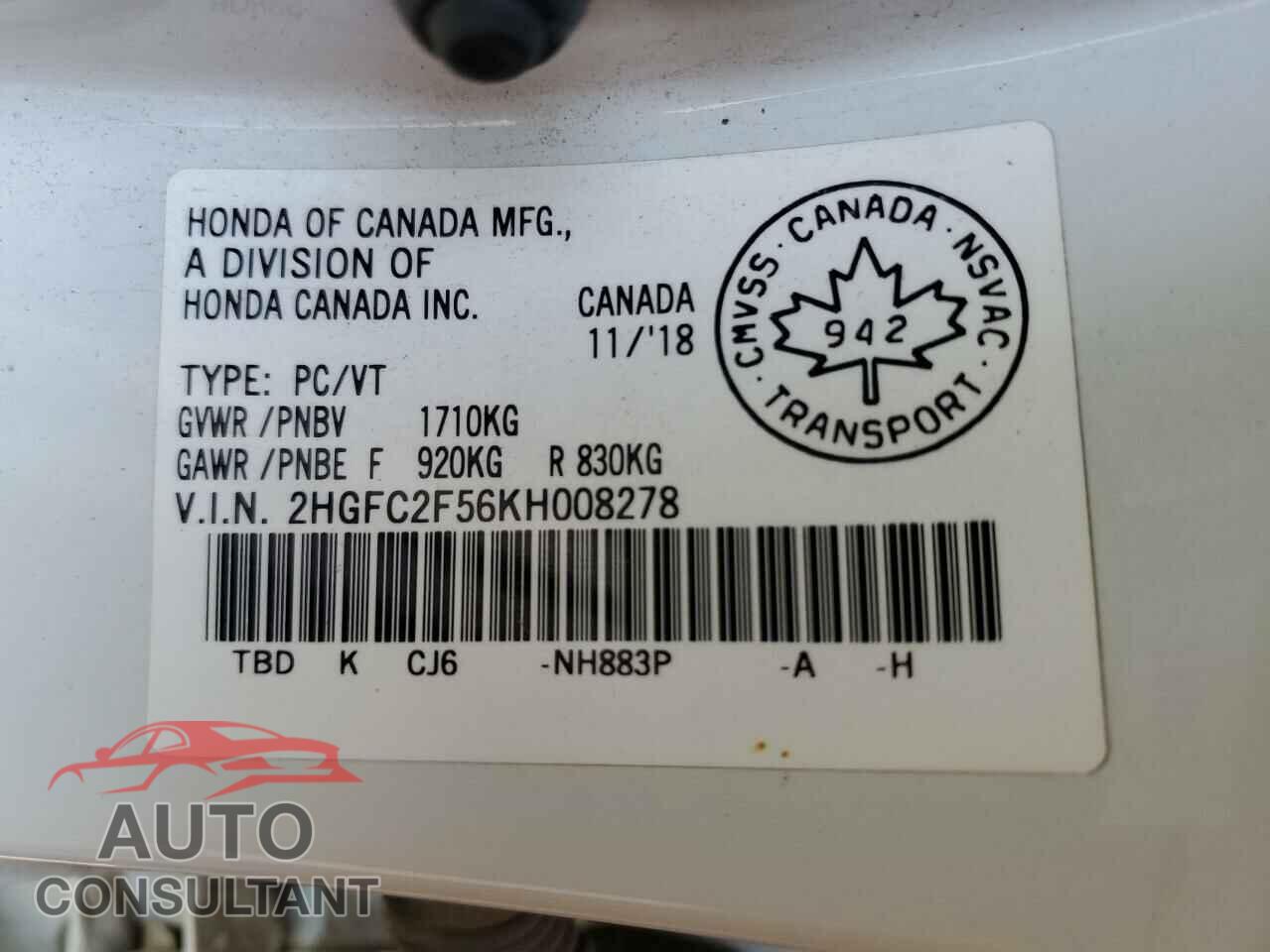HONDA CIVIC 2019 - 2HGFC2F56KH008278