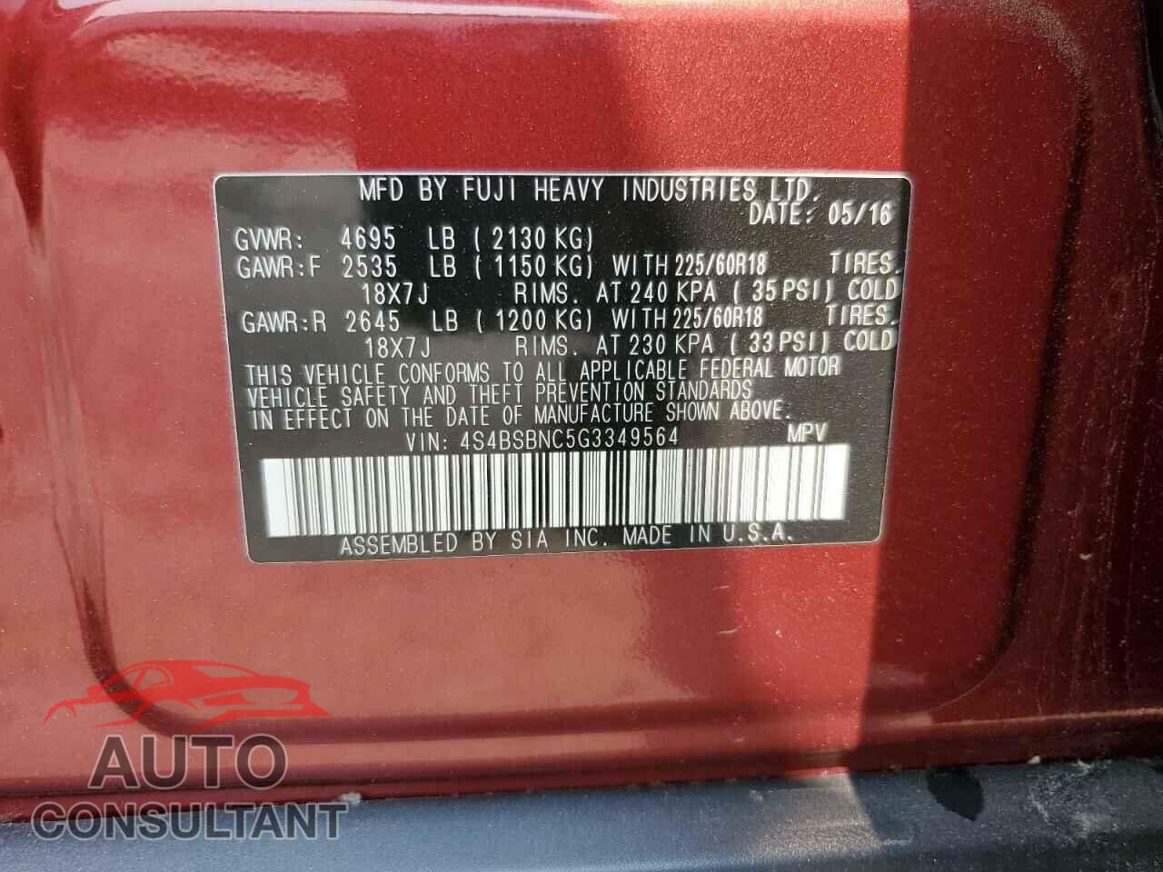 SUBARU OUTBACK 2016 - 4S4BSBNC5G3349564