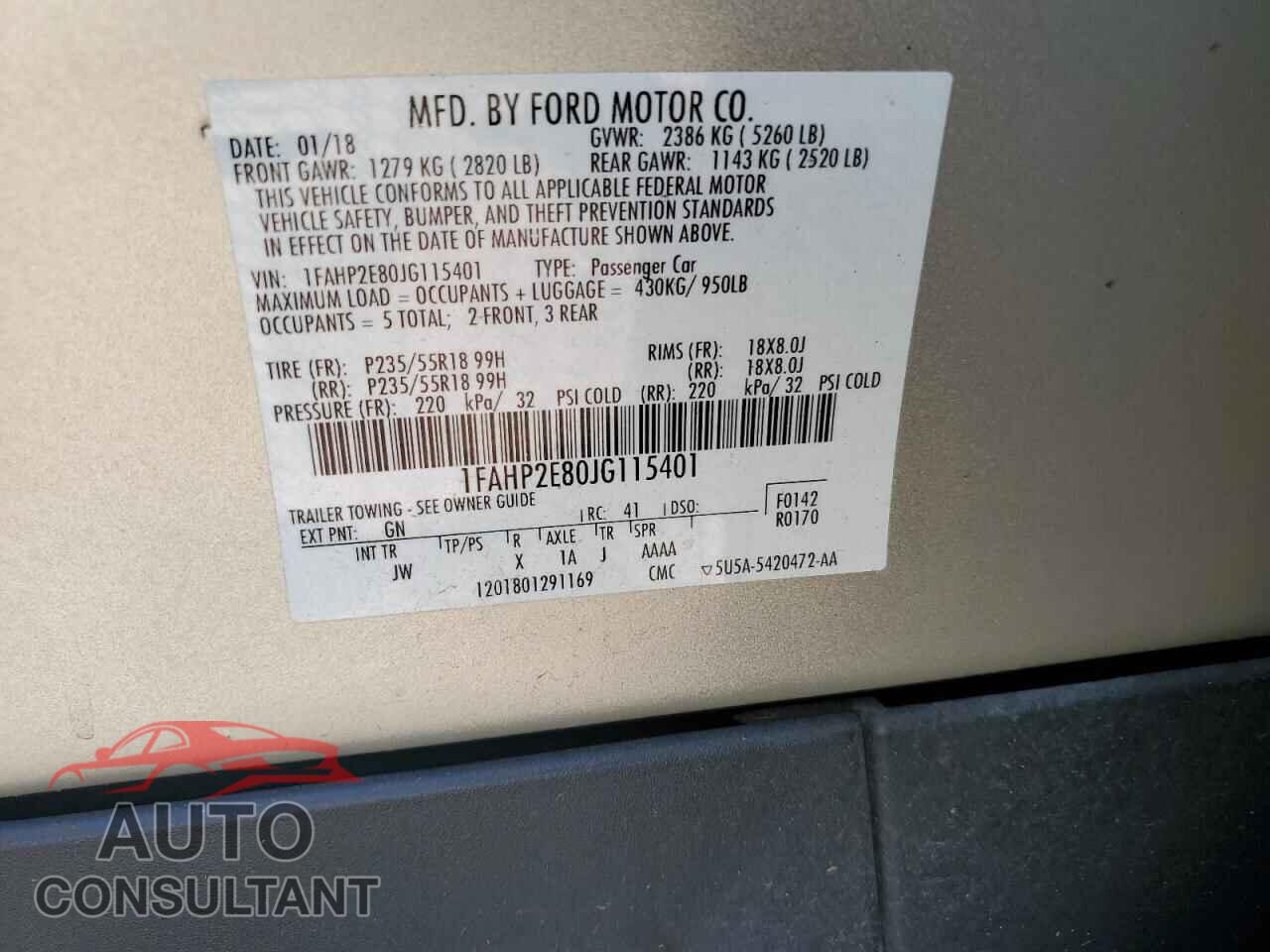 FORD TAURUS 2018 - 1FAHP2E80JG115401