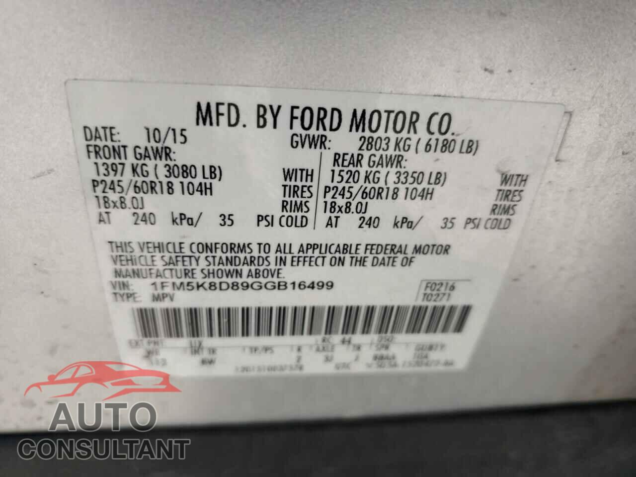 FORD EXPLORER 2016 - 1FM5K8D89GGB16499