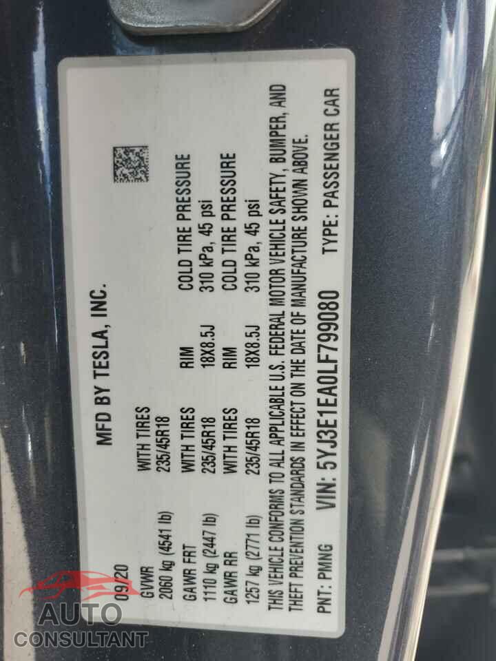 TESLA MODEL 3 2020 - 5YJ3E1EA0LF799080