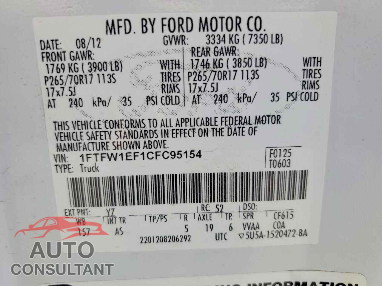 FORD F150 2012 - 1FTFW1EF1CFC95154