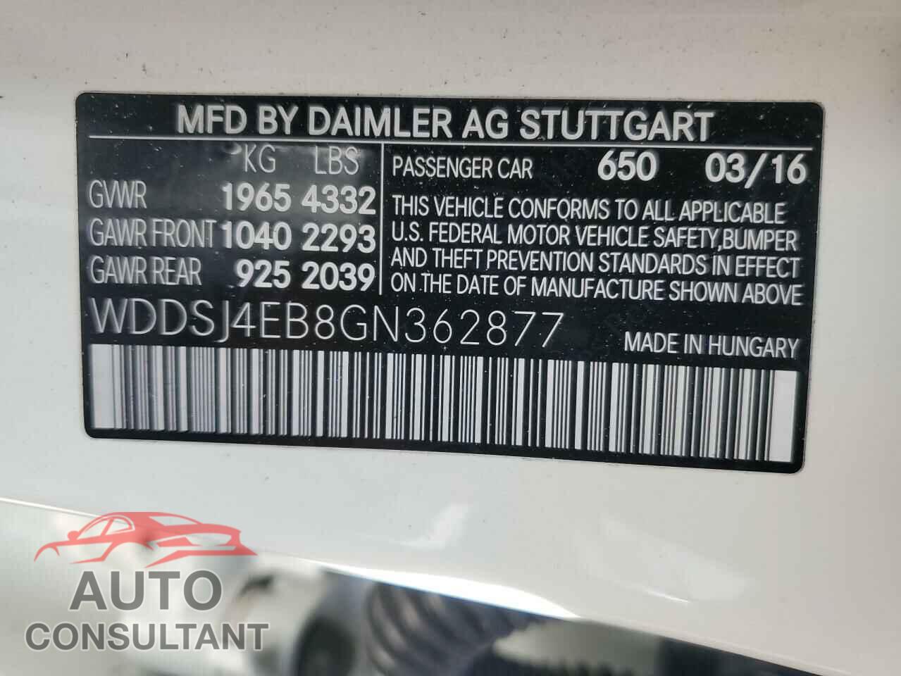 MERCEDES-BENZ CLA-CLASS 2016 - WDDSJ4EB8GN362877