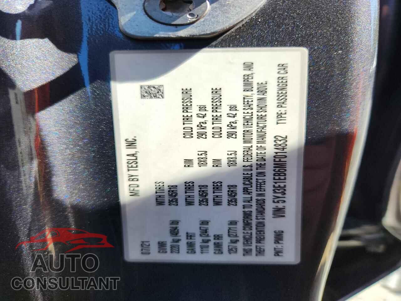 TESLA MODEL 3 2021 - 5YJ3E1EB6MF014832