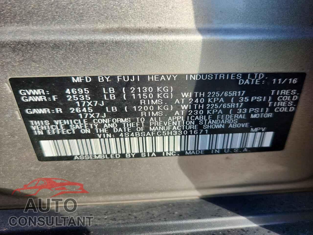 SUBARU OUTBACK 2017 - 4S4BSAFC5H3301671