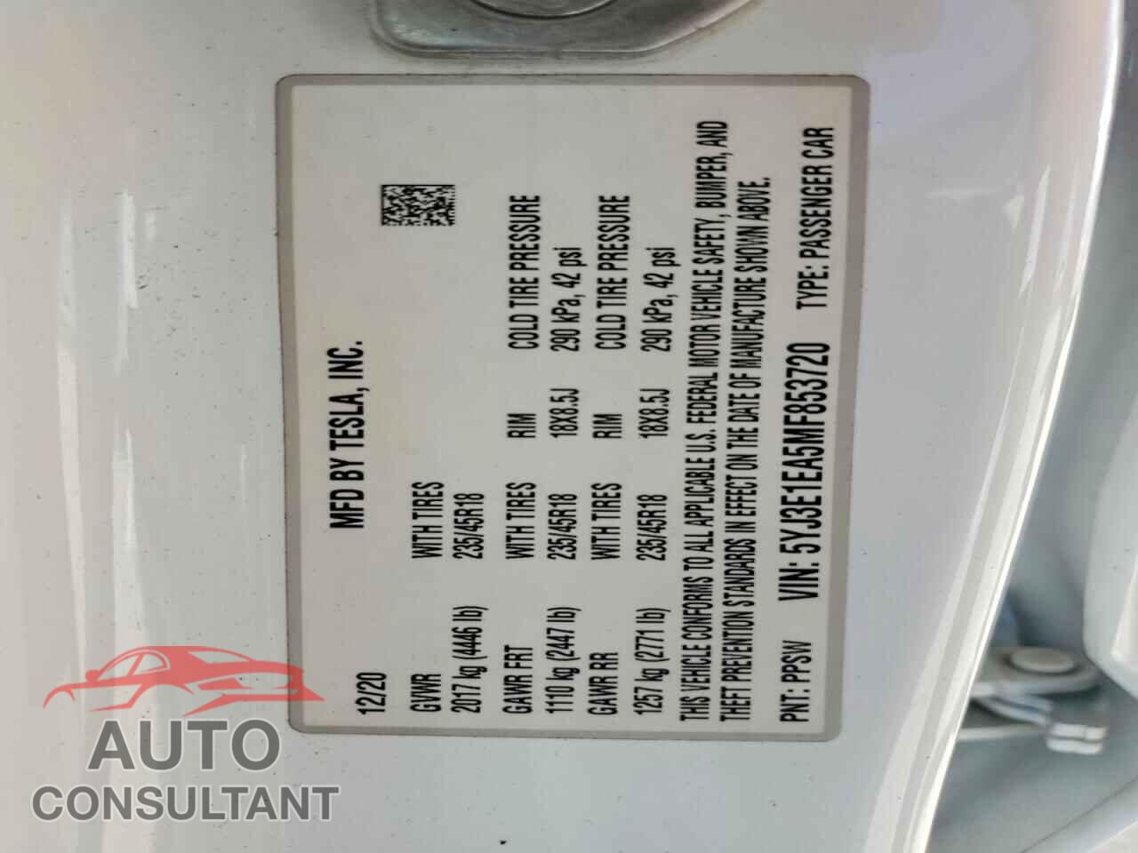 TESLA MODEL 3 2021 - 5YJ3E1EA5MF853720