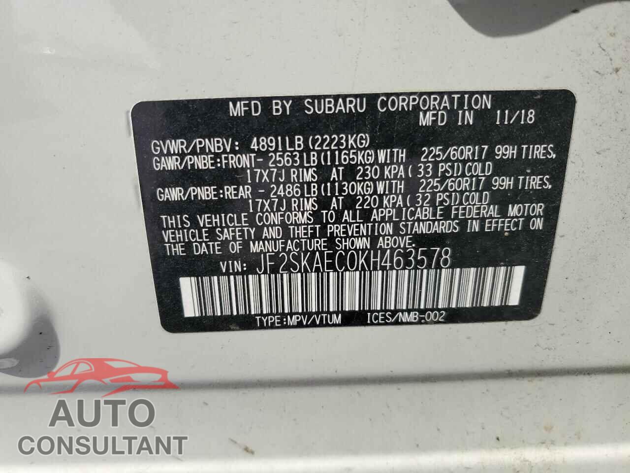 SUBARU FORESTER 2019 - JF2SKAEC0KH463578