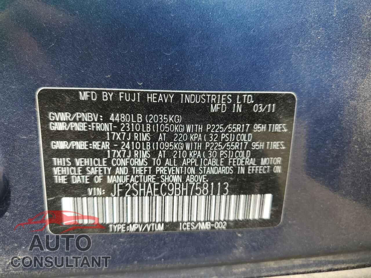 SUBARU FORESTER 2011 - JF2SHAEC9BH758113