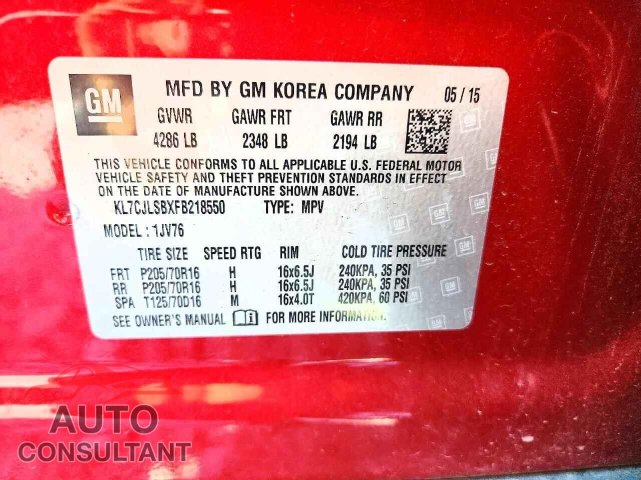 CHEVROLET TRAX 2015 - KL7CJLSBXFB218550