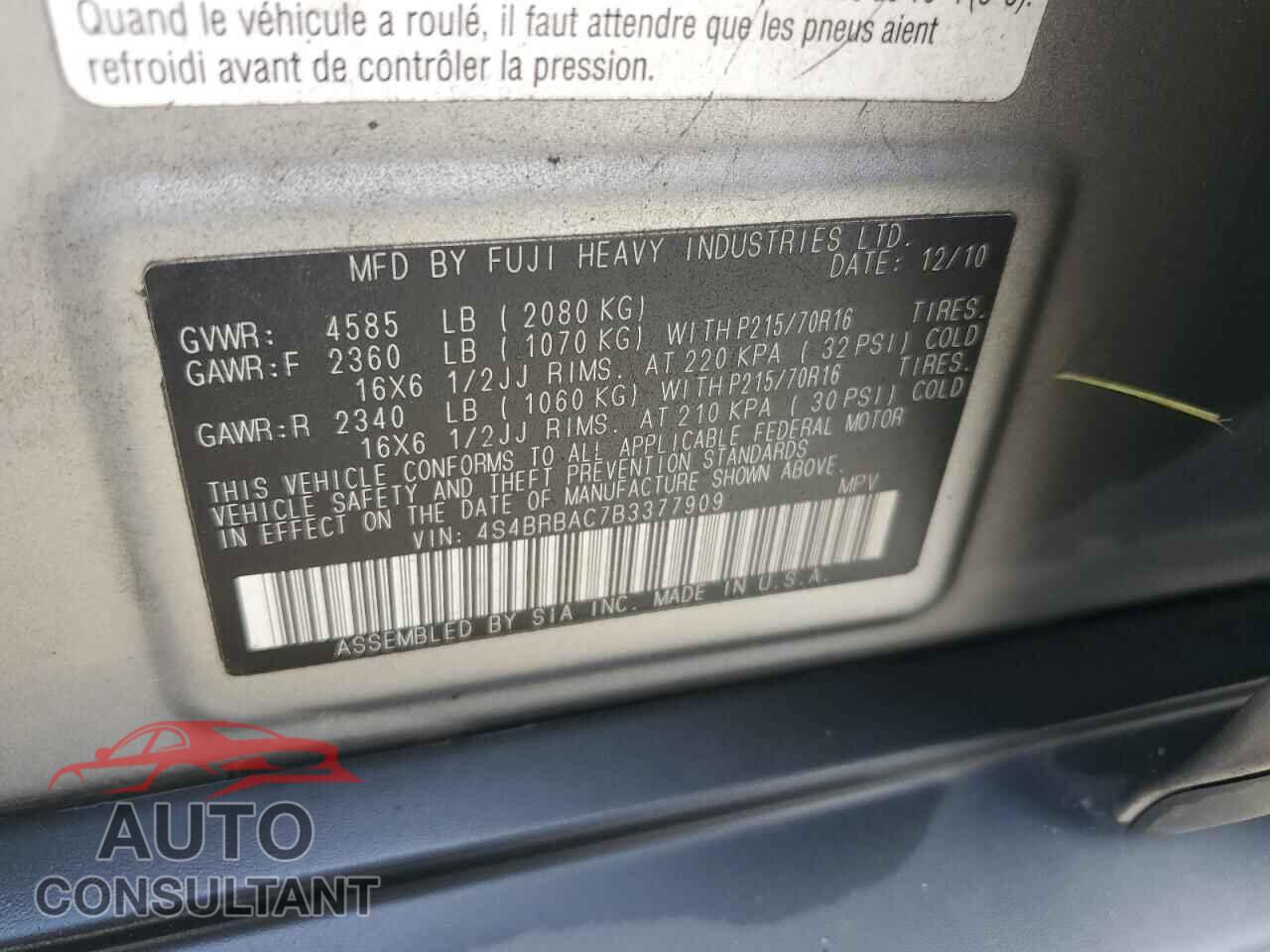 SUBARU OUTBACK 2011 - 4S4BRBAC7B3377909