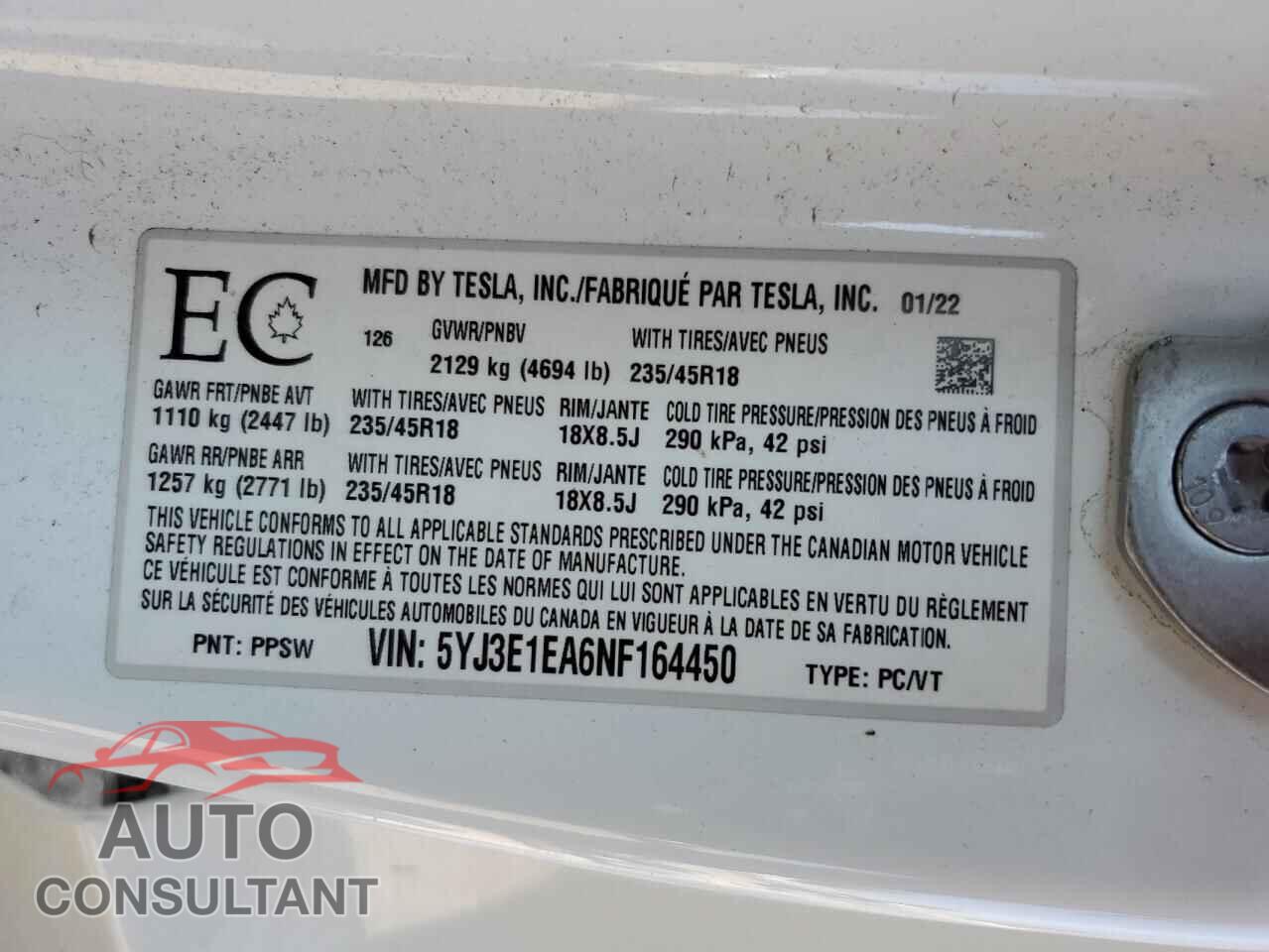TESLA MODEL 3 2022 - 5YJ3E1EA6NF164450