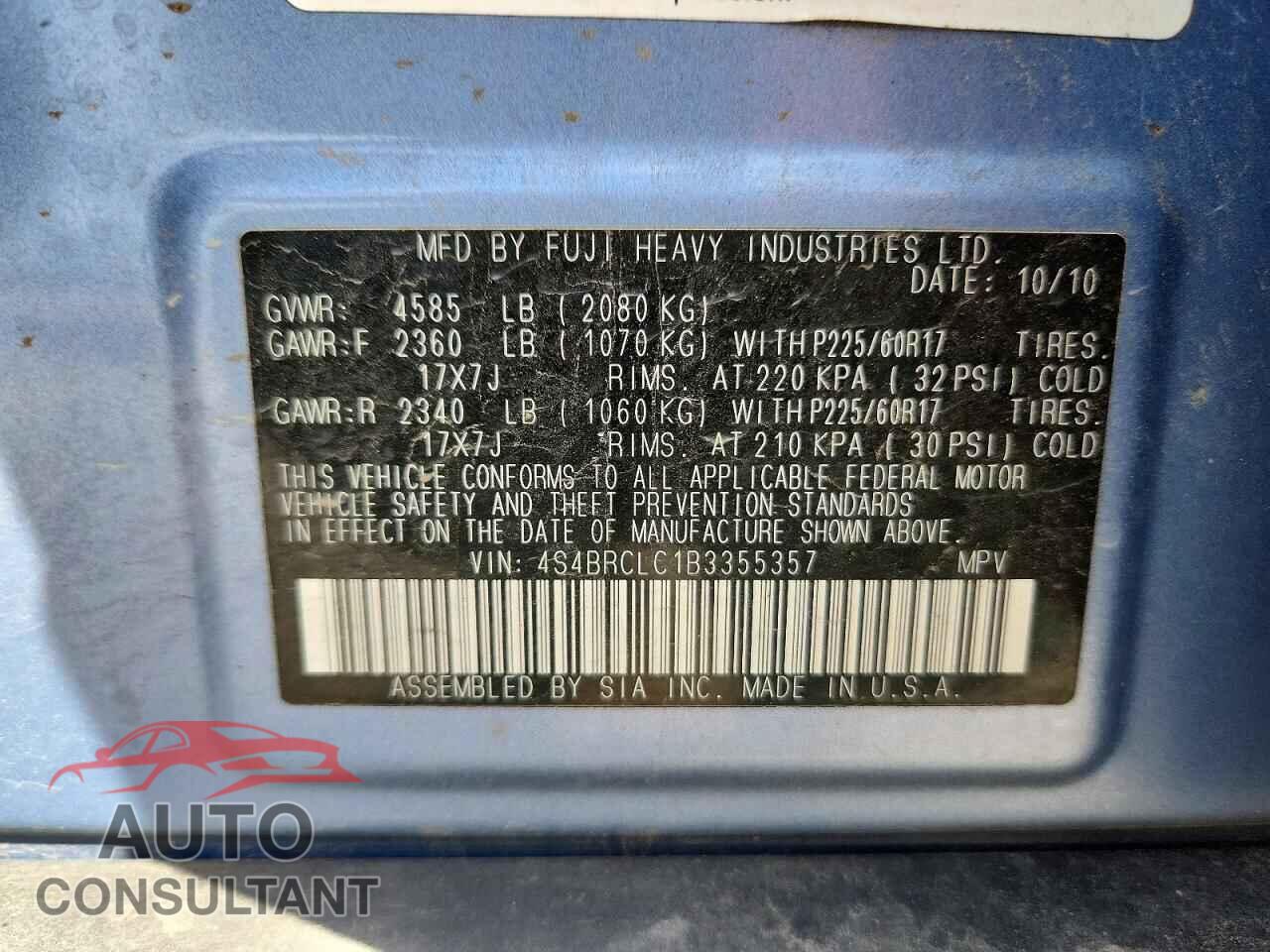 SUBARU OUTBACK 2011 - 4S4BRCLC1B3355357