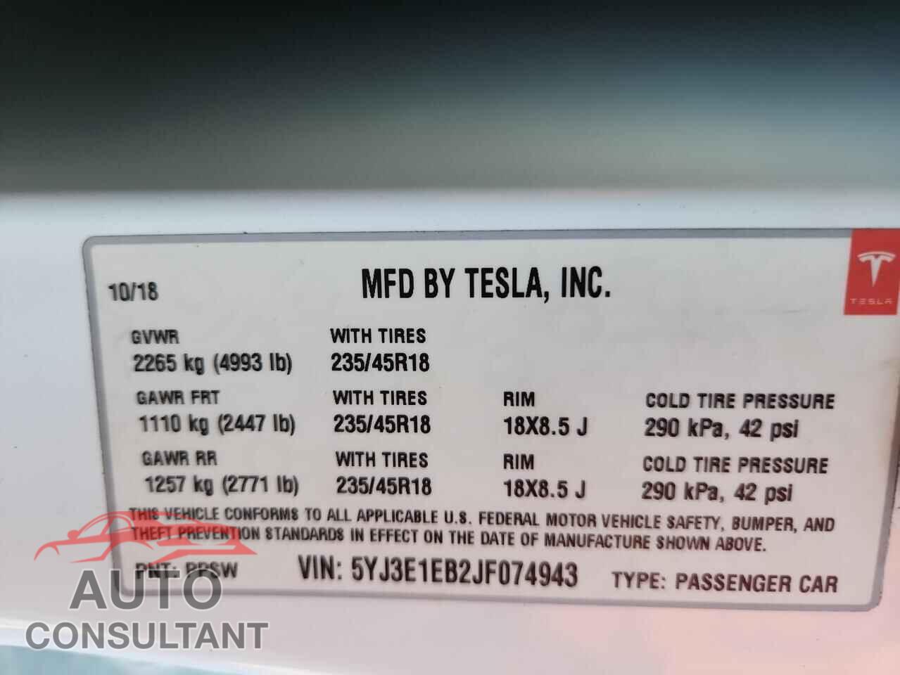 TESLA MODEL 3 2018 - 5YJ3E1EB2JF074943