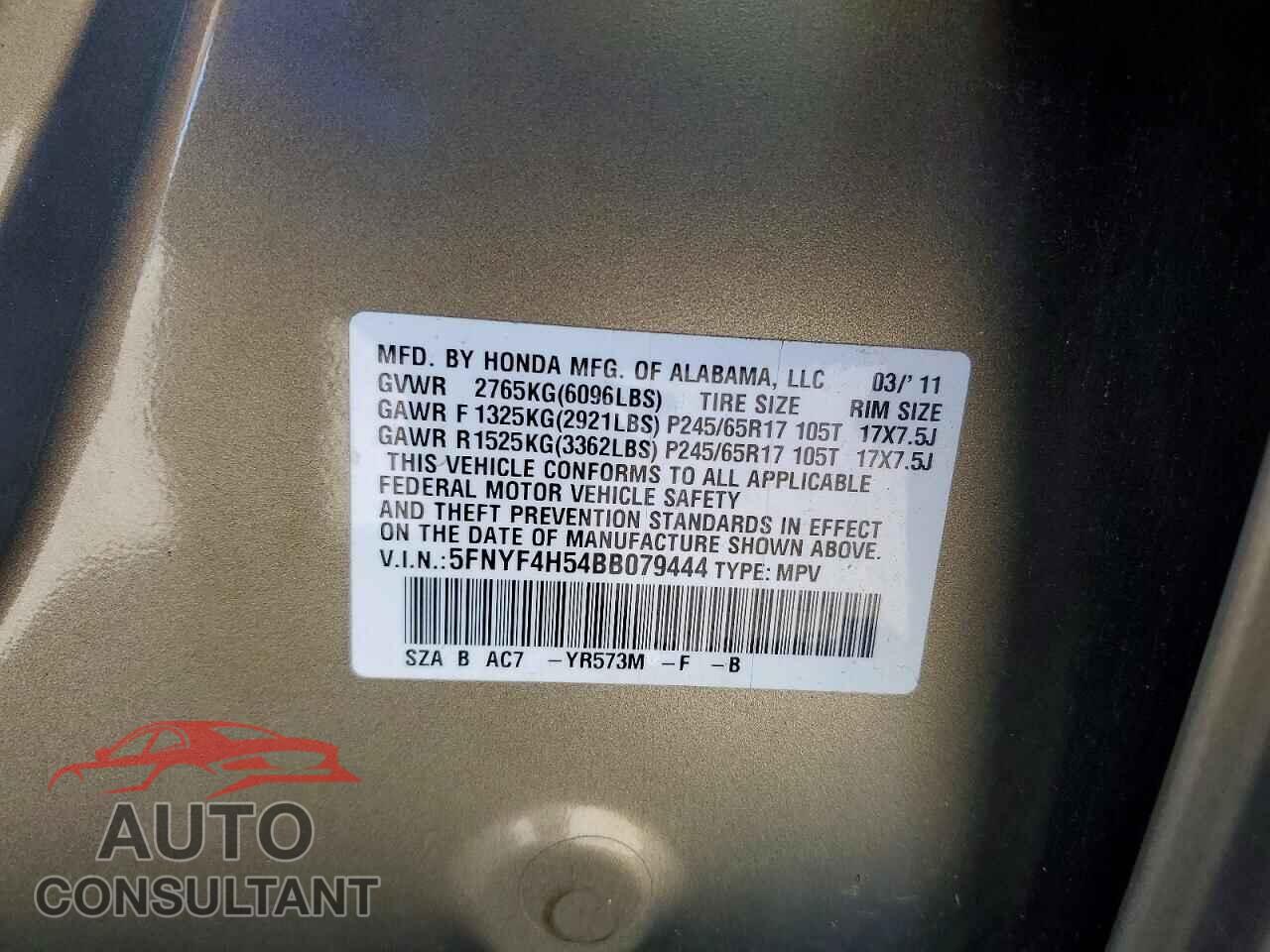 HONDA PILOT 2011 - 5FNYF4H54BB079444