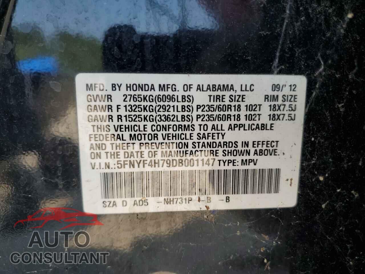 HONDA PILOT 2013 - 5FNYF4H79DB001147