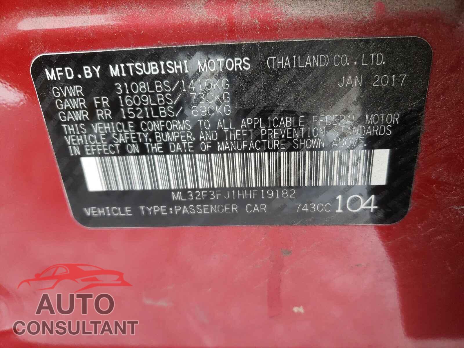 MITSUBISHI MIRAGE 2017 - ML32F3FJ1HHF19182