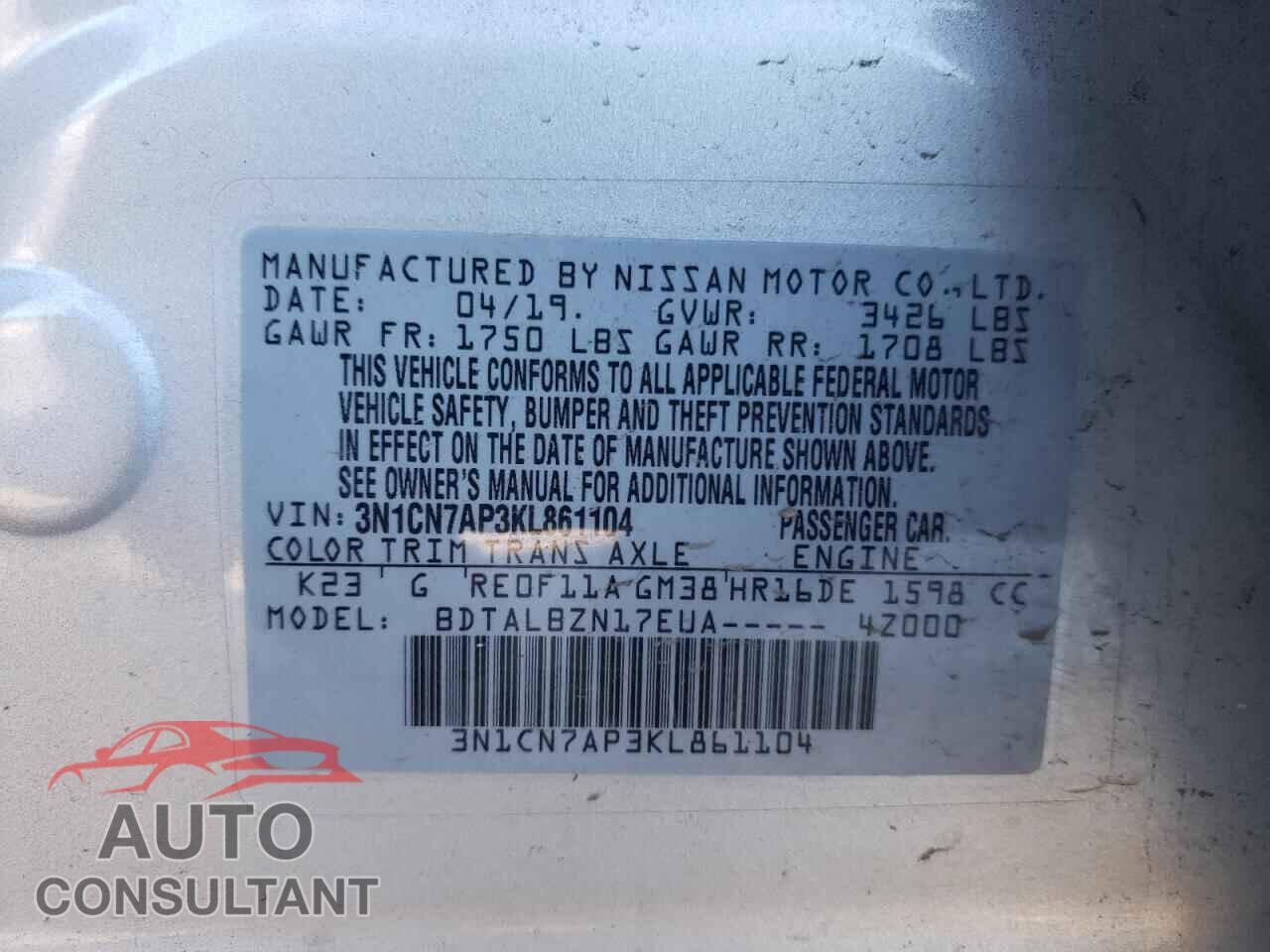 NISSAN VERSA 2019 - 3N1CN7AP3KL861104