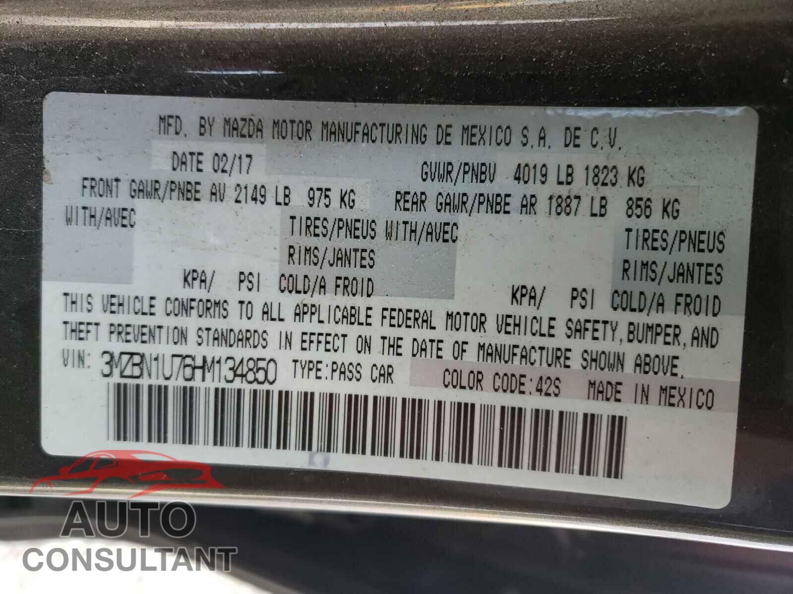 MAZDA 3 2017 - 3MZBN1U76HM134850