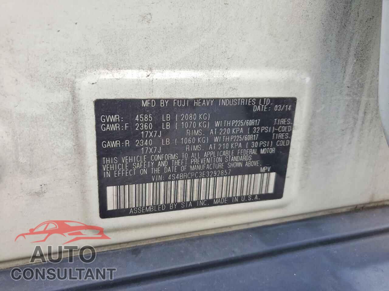 SUBARU OUTBACK 2014 - 4S4BRCPC3E3292857