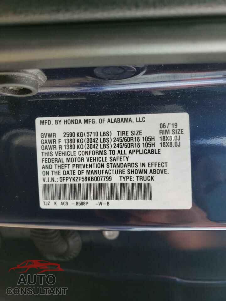 HONDA RIDGELINE 2019 - 5FPYK2F58KB007799