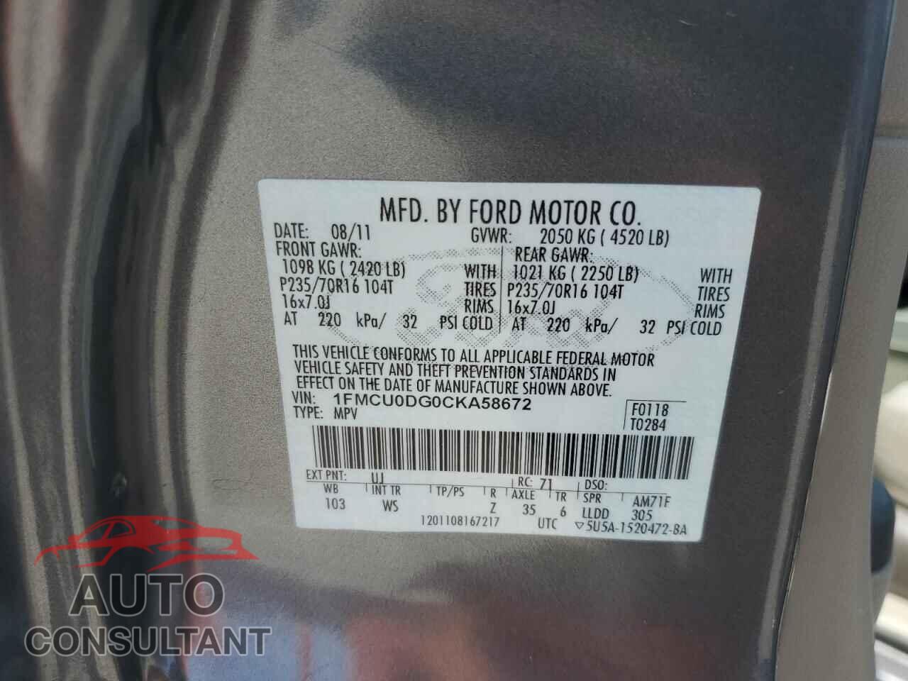 FORD ESCAPE 2012 - 1FMCU0DG0CKA58672
