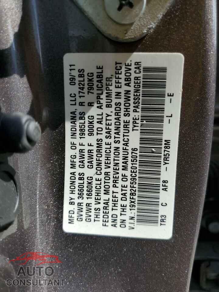 HONDA CIVIC 2012 - 19XFB2F59CE015076