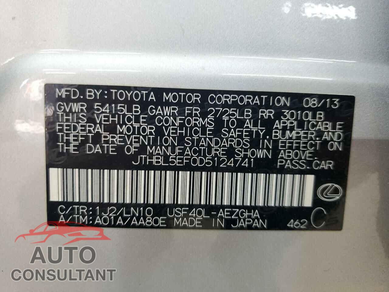 LEXUS LS460 2013 - JTHBL5EF0D5124741