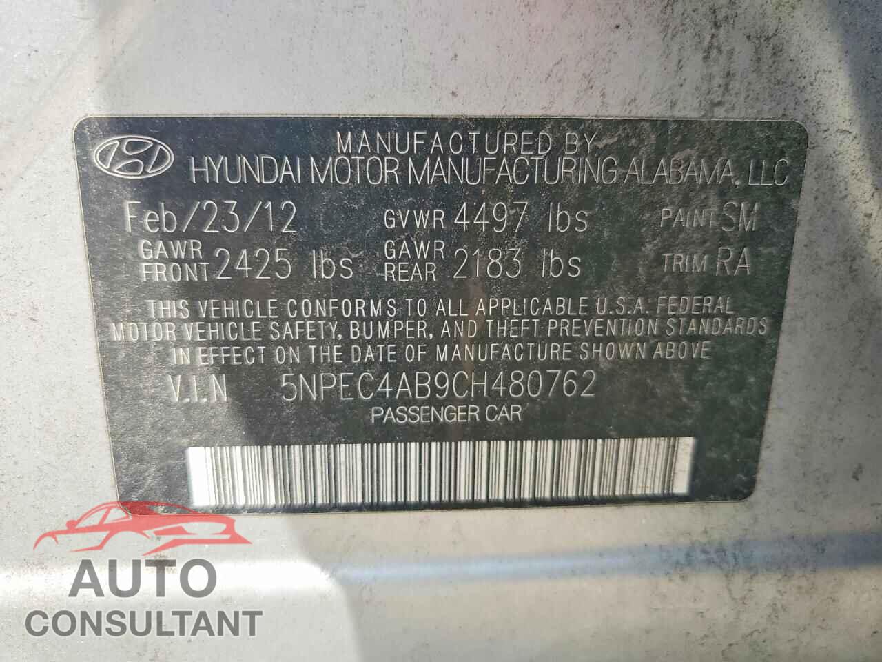 HYUNDAI SONATA 2012 - 5NPEC4AB9CH480762