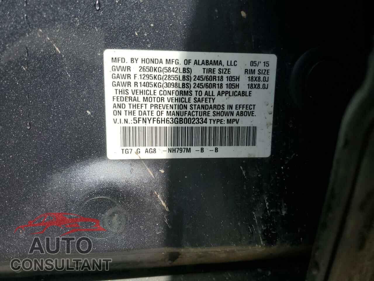 HONDA PILOT 2016 - 5FNYF6H63GB002334