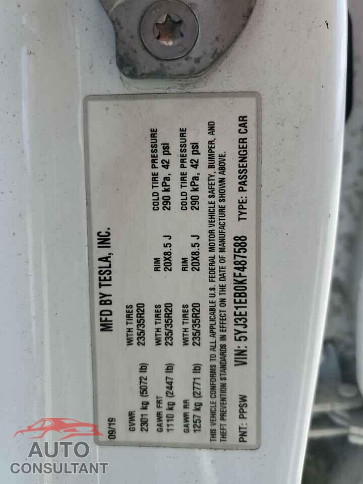 TESLA MODEL 3 2019 - 5YJ3E1EB0KF487588