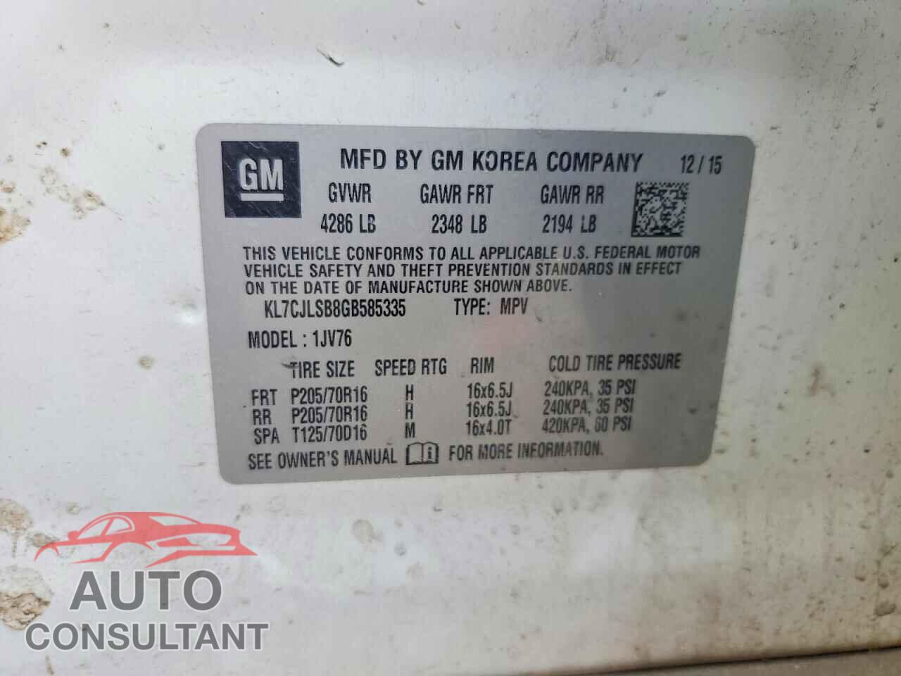 CHEVROLET TRAX 2016 - KL7CJLSB8GB585335