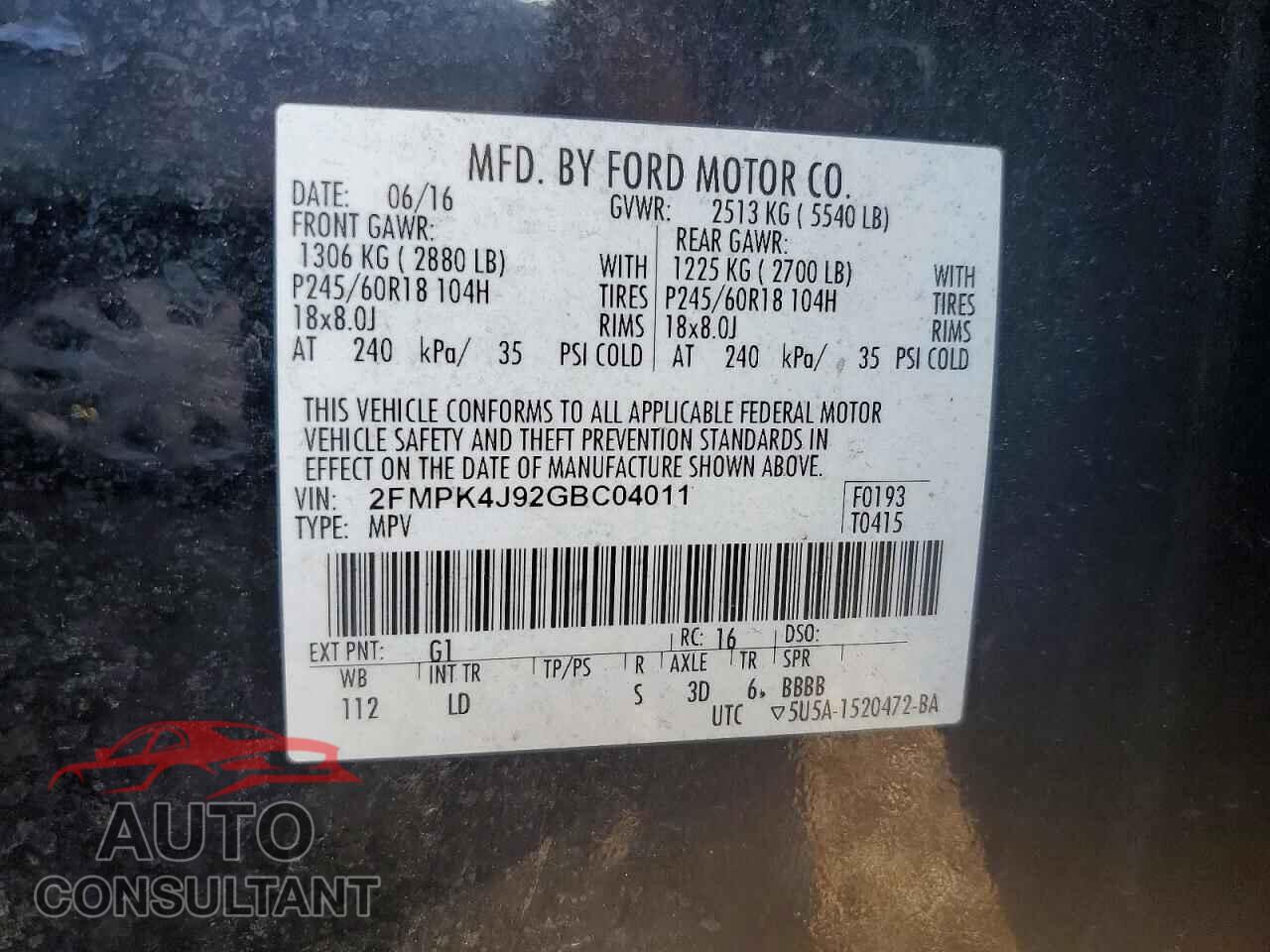 FORD EDGE 2016 - 2FMPK4J92GBC04011